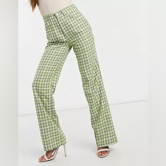 Asos Green Plaid Straight Leg Pants - Picture 1 of 6